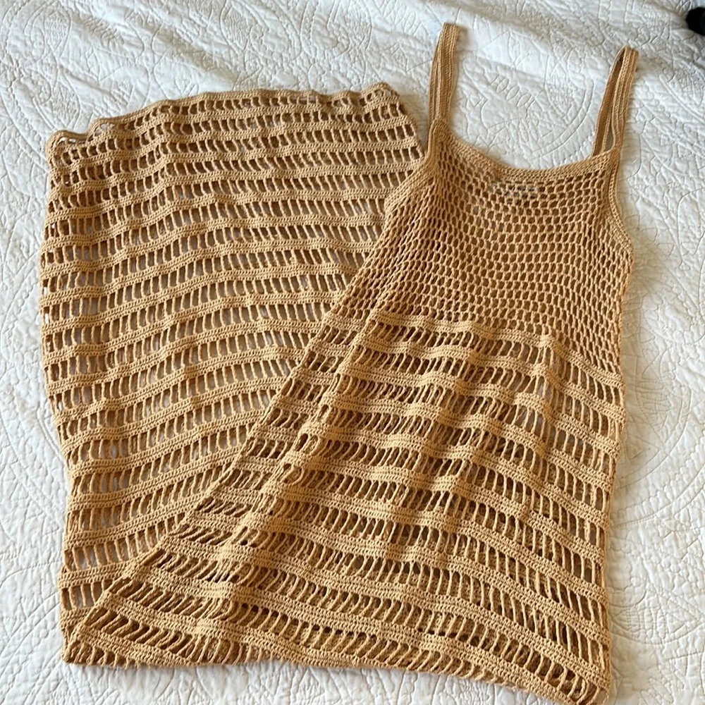 Elizabeth and James Edna Crochet Dress Tan Brown Cover Up Fitted Open Knit Sz XS - Picture 4 of 5